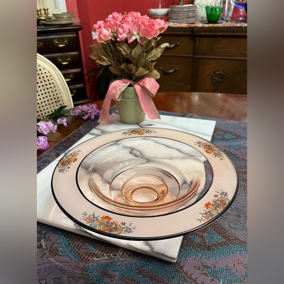 Vintage Pink Satin Glass Reverse Painted Floral Pattern Rim Console Bowl - Picture 2 of 10